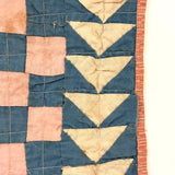 Checkerboard with Flying Geese, Gorgeous Old Crib Quilt in Pinks, Cream and Indigo