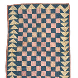 Checkerboard with Flying Geese, Gorgeous Old Crib Quilt in Pinks, Cream and Indigo