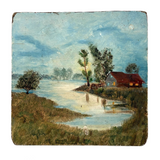 Glowing Windows, House on Lake, Radiant Little Antique Folk Art Oil on Board