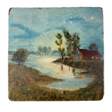Glowing Windows, House on Lake, Radiant Little Antique Folk Art Oil on Board