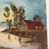 Glowing Windows, House on Lake, Radiant Little Antique Folk Art Oil on Board