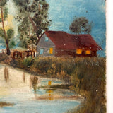Glowing Windows, House on Lake, Radiant Little Antique Folk Art Oil on Board