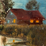 Glowing Windows, House on Lake, Radiant Little Antique Folk Art Oil on Board