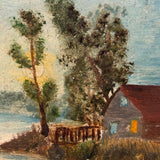 Glowing Windows, House on Lake, Radiant Little Antique Folk Art Oil on Board