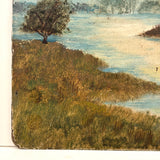Glowing Windows, House on Lake, Radiant Little Antique Folk Art Oil on Board