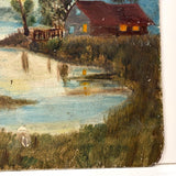 Glowing Windows, House on Lake, Radiant Little Antique Folk Art Oil on Board