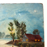 Glowing Windows, House on Lake, Radiant Little Antique Folk Art Oil on Board