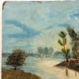 Glowing Windows, House on Lake, Radiant Little Antique Folk Art Oil on Board