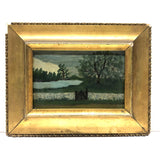 Landscape with Gate, Charming Old Folk Art Oil Painting in Gold Frame