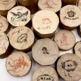 Lovely and Unusual Set of Antique Wooden Ribbon Spools with Hand Printed Paper Labels