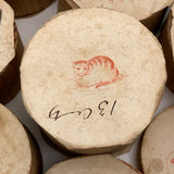 Lovely and Unusual Set of Antique Wooden Ribbon Spools with Hand Printed Paper Labels