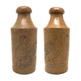 Wonderful Antique Folk Art Stoneware Bottle with Incised Figure and Bird