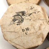 Lovely and Unusual Set of Antique Wooden Ribbon Spools with Hand Printed Paper Labels