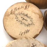 Lovely and Unusual Set of Antique Wooden Ribbon Spools with Hand Printed Paper Labels