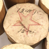 Lovely and Unusual Set of Antique Wooden Ribbon Spools with Hand Printed Paper Labels