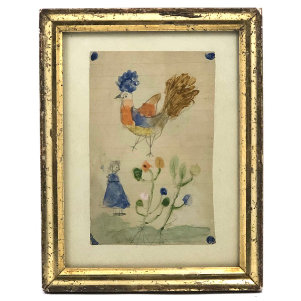 Emma Dilmore's Marvelous Bird and Girl and Flowers in Great Antique Lemon Gold Frame