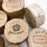 Lovely and Unusual Set of Antique Wooden Ribbon Spools with Hand Printed Paper Labels