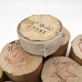 Lovely and Unusual Set of Antique Wooden Ribbon Spools with Hand Printed Paper Labels
