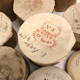 Lovely and Unusual Set of Antique Wooden Ribbon Spools with Hand Printed Paper Labels