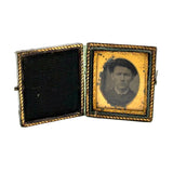 Cased Sixteenth Plate Early Tintype Portrait of Soulful Looking Man in Hat
