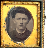 Cased Sixteenth Plate Early Tintype Portrait of Soulful Looking Man in Hat