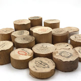 Lovely and Unusual Set of Antique Wooden Ribbon Spools with Hand Printed Paper Labels
