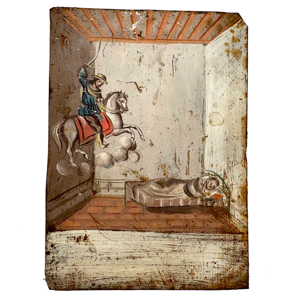 In Bed, with Santiago Matamoro (St. James the Moor Slayer), Antique Folk Art Retablo on Tin