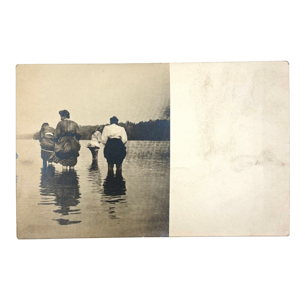 Skirts Hiked, Backs Turned, Wading, Antique Real Photo Postcard