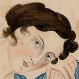 Portrait of Beautiful Woman in Blue, c. 1840s Watercolor in Gorgeous Period Frame