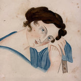 Portrait of Beautiful Woman in Blue, c. 1840s Watercolor in Gorgeous Period Frame