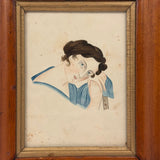 Portrait of Beautiful Woman in Blue, c. 1840s Watercolor in Gorgeous Period Frame