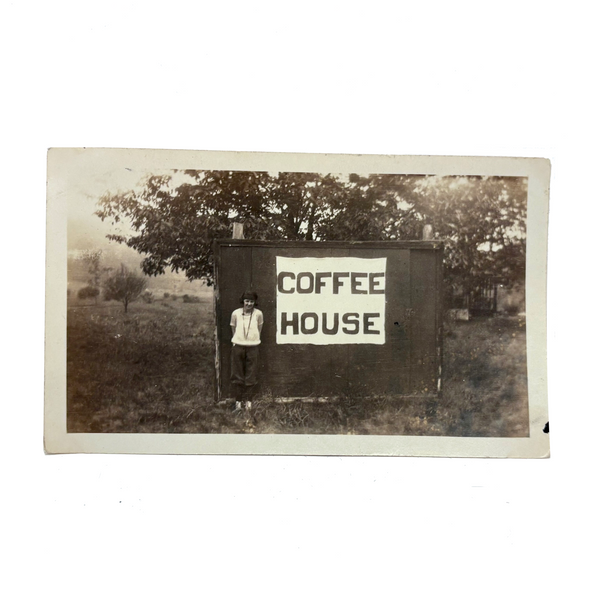 Early Beatnik at her COFFEE SHOP Shed, Charming Vintage Snapshot