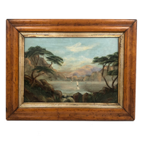 19th C Oil on Panel Presumed Hudson River School Landscape in Birds Eye Maple Frame