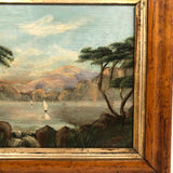 19th C Oil on Panel Presumed Hudson River School Landscape in Birds Eye Maple Frame