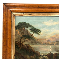 19th C Oil on Panel Presumed Hudson River School Landscape in Birds Eye Maple Frame