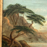 19th C Oil on Panel Presumed Hudson River School Landscape in Birds Eye Maple Frame