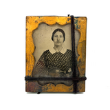 Make Do: Ninth Plate Tintype  Portrait of Striking Young Woman in Calico Dress with Tight and Tender Old String Wrap