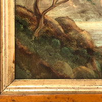 19th C Oil on Panel Presumed Hudson River School Landscape in Birds Eye Maple Frame