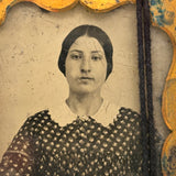 Make Do: Ninth Plate Tintype  Portrait of Striking Young Woman in Calico Dress with Tight and Tender Old String Wrap