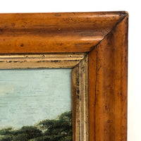 19th C Oil on Panel Presumed Hudson River School Landscape in Birds Eye Maple Frame