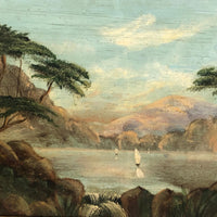 19th C Oil on Panel Presumed Hudson River School Landscape in Birds Eye Maple Frame
