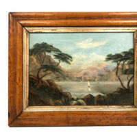 19th C Oil on Panel Presumed Hudson River School Landscape in Birds Eye Maple Frame