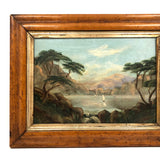 19th C Oil on Panel Presumed Hudson River School Landscape in Birds Eye Maple Frame