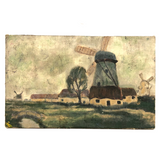 Sweet Old Small Oil on Board Dutch Landscape with Windmill Painting
