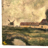 Sweet Old Small Oil on Board Dutch Landscape with Windmill Painting