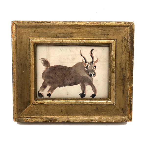 Charming Creature (I believe a goat), Naive Watercolor on Ledger Paper in Gold Leafed Frame