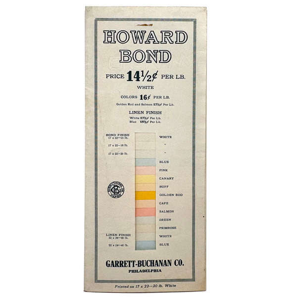 Garrett Buchanan Co. Howard Bond Paper Color Samples Card, c. 1920s