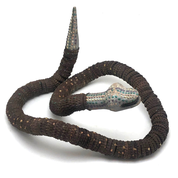 SOLD Old Folk Art Bottle Cap Snake with Carved Wood Head and Tail and Polka Dots