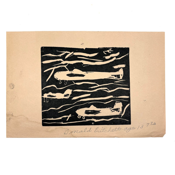 Planes, Excellent c. 1940s Woodcut by Donald Pritchett, Age 13