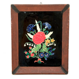 19th Century Folk Art Reverse Glass Tinsel Painting of Flower Bouquet in Great Original Frame